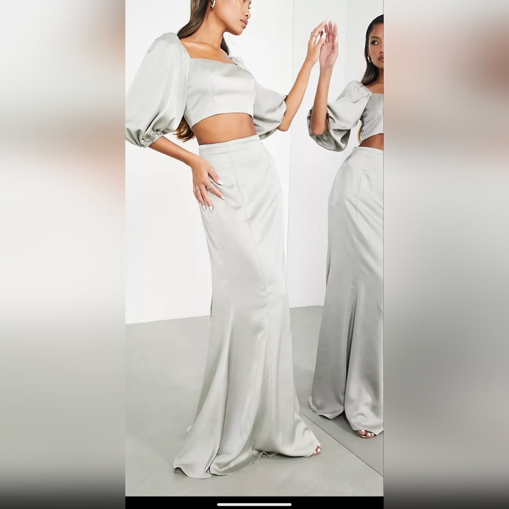 ASOS Sage Satin Puff Sleeve Cop Top & Fishtail Maxi Skirt Size 10